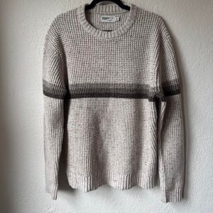 Wellen Mens Recycled Cotton Waffle Knit Striped Crewneck Sweater Cream Grey L